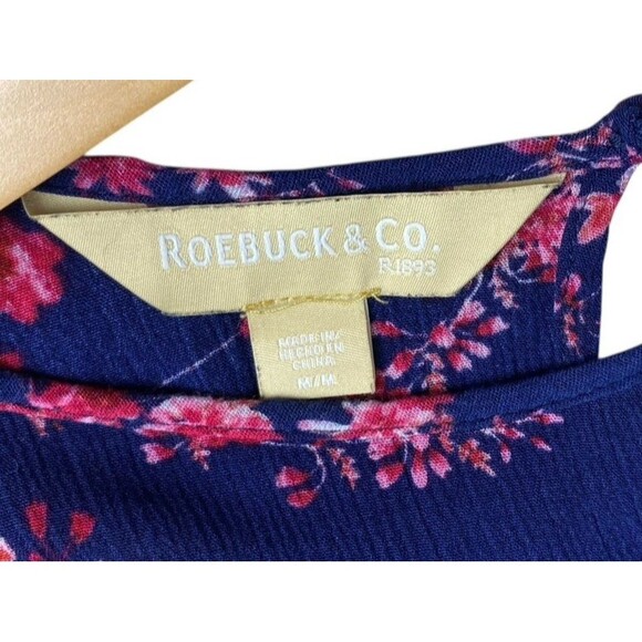 Roebuck & Co Womens Floral Peplum Top M Navy Pink Long Sleeve Tie Cuffs Boho - Picture 4 of 9